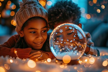 African american boy and girl lying and looking at illuminated christmas snow globe at home - obrazy, fototapety, plakaty