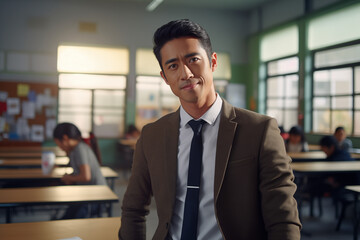 Fototapeta premium Smiling asian men teacher in a classroom. Asian teacher in a room. Men teacher. Back to School. School holidays At work. AI.