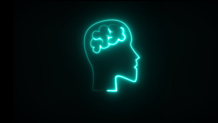 Human head with neon brain emblem, medicine, sign, human body part, and human brain.