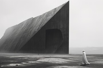 A profound grayscale image of a figure in white, standing before a giant geometric black formation...