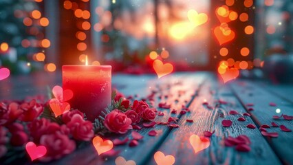 Red red rose, hearts and candle. Romantic video greeting card. Looping video for live wallpaper