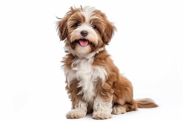Beautiful happy reddish havanese puppy dog is sitting frontal