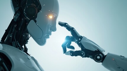 A.I. Robot Being Touched on the Nose by Another Robot Hand: Minimal and Neutral Colors