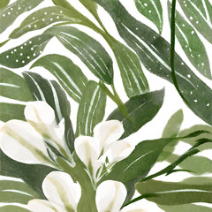 Fototapeta na wymiar White flower wallpaper with leaves