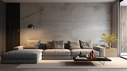 Contemporary gray sofa with cushions in well-lit living room, perfect for text or design elements