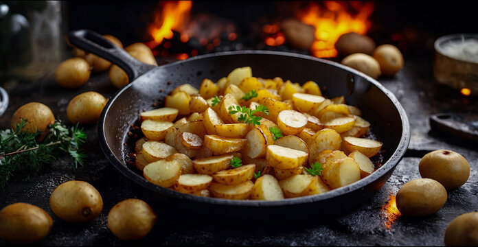 French fries, cut, are fried in a cast iron frying pan.