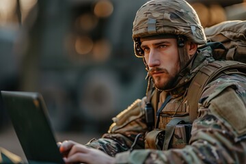 Fototapeta na wymiar Focused Soldier Working on Laptop at Military Base