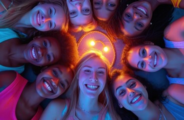 Obraz premium Group of Young Women Standing in a Circle During a Discussion on Generative AI