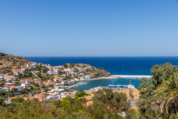 Fototapeta na wymiar View of the port of Evdilos located in the north of the island of Ikaria in Greece.