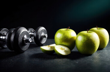 Dumbbells and green apples on a black background. Advertising concept for gym, store, sport - Powered by Adobe
