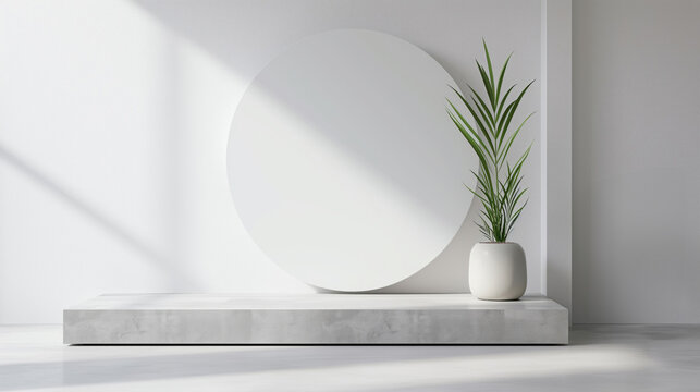 Minimalist interior design with podium and green plant, for product display. White archtecture.