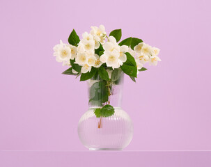 Spring jasmine flowers in an elegant glass vase. Gardening and ecology concept.