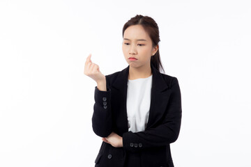 Portrait beautiful young asian businesswoman standing thinking idea with doubt for planning while serious isolated white background, business woman decision for choice with expression confused.