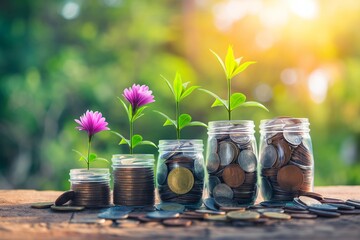 Coins in a jar with a background of natural plants growing. sustainable savings through money management. investment in success. - obrazy, fototapety, plakaty