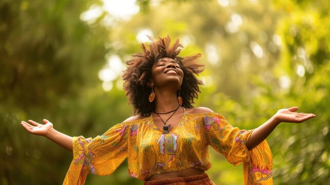 Happy Black Woman With Arms Outstretched In The Air Generative AI