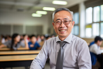 Naklejka premium Smiling asian men teacher in a classroom. Mature teacher. Asian teacher in a room. Men teacher. Back to School. School holidays At work. AI.
