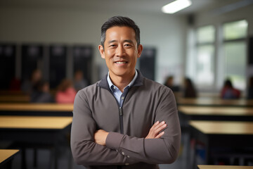 Fototapeta premium Smiling asian men teacher in a classroom. Mature teacher. Asian teacher in a room. Men teacher. Back to School. School holidays At work. AI.