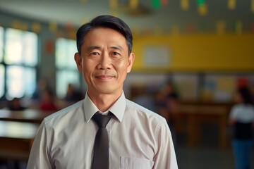 Fototapeta premium Smiling asian men teacher in a classroom. Mature teacher. Asian teacher in a room. Men teacher. Back to School. School holidays At work. AI.