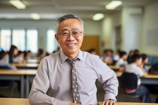 Smiling asian men teacher in a classroom. Mature teacher. Asian teacher in a room. Men teacher. Back to School. School holidays At work. AI.