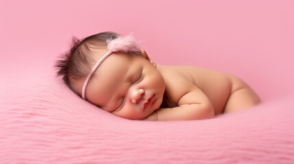 a baby in soft pink tones, a sleeping child with a decoration in the form of a soft headband. Concept: baby care, clothing and accessories for little ones, newborns and motherhood
