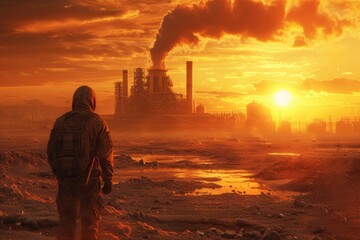 A lone figure stands in a post-apocalyptic landscape