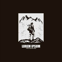 Mountain travel man retro emblem, extreme adventure, climbing outdoor tourism logo.