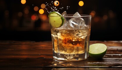 cocktail with ice and lime. cocktail with lime. glass of alcoholic beverage with lime in a moody bar. glass of cola and rum on a wooden table with ice