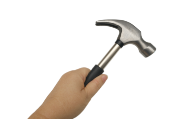 close-up of rubber-handled hammer with nail puller, round head for fine work in female hand, manual universal percussion tool for driving and extracting nails, geology and construction, breaking