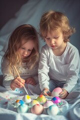 Obraz premium Small children enthusiastically paint Easter eggs, responsibly prepare for Easter