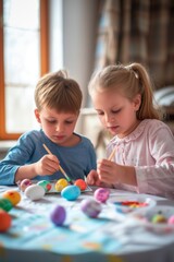 Fototapeta premium Small children enthusiastically paint Easter eggs, responsibly prepare for Easter