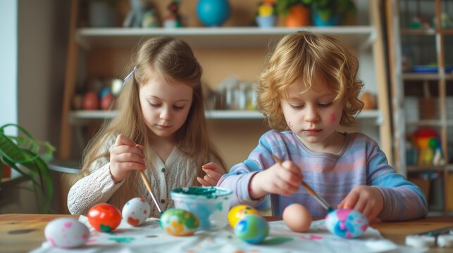 Small children enthusiastically paint Easter eggs, responsibly prepare for Easter