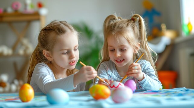 Small children enthusiastically paint Easter eggs, responsibly prepare for Easter