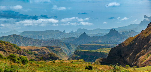 Stunning rock formations quaint villages in the highlands of the island of  Santiago, Cape Verde...