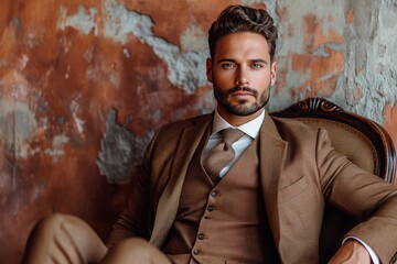 Stylish man in brown suit sitting on a chair