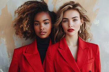 Stylish multiracial females in red blazers