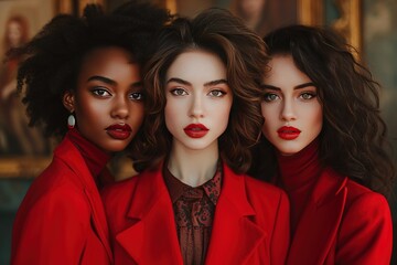 Stylish multiracial females in red blazers