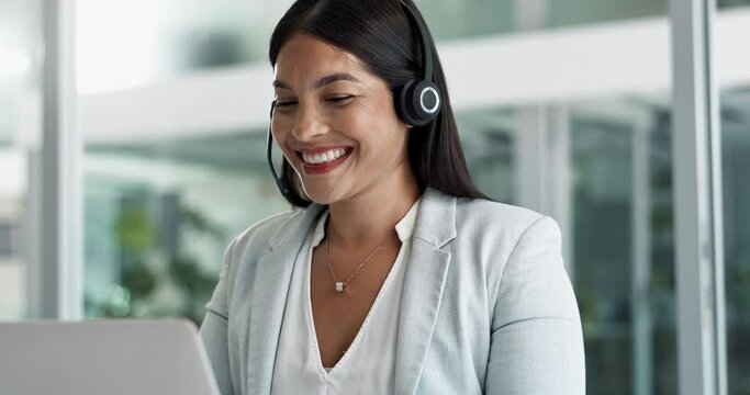 Business woman, agent and call center on computer in customer service, support or advice in office. Professional Philippines advisor or consultant in headphones for contact us or e commerce on laptop