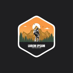 Tourist climbs the mountain symbol, travel and expedition logo, Hiking Logo Template