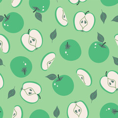 Seamless pattern with green apples and slices. Vector graphics.