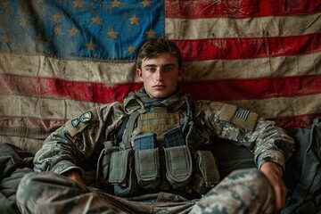 Soldier taking break in army base American flag background