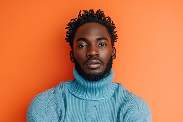 Stylish black man in blue jumper on orange background