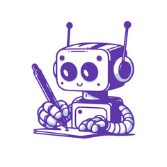 Cute Robot Writing with Pen on Paper. Vector Monochrome Illustration on White Background.