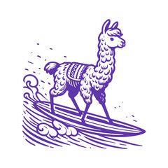 Fototapeta na wymiar Cartoon Llama Surfing. Vector Monochrome Illustration on White Background.