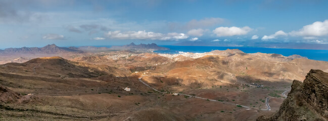 Fototapeta na wymiar Distant view of the Port city of Mindelo and Porto Grande, São Vicente (Saint Vincent) island, Cape Verde Islands (Cabo Verde)