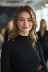 Obraz premium Focused professional business woman's portrait, with an underlying business team concept, perfect for depicting corporate leadership and success.