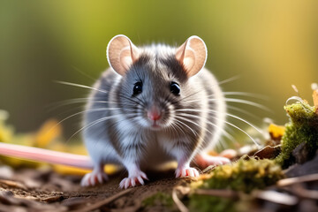 Adorable Gray and White Mouse on Ground, Captured with Blurred Background.