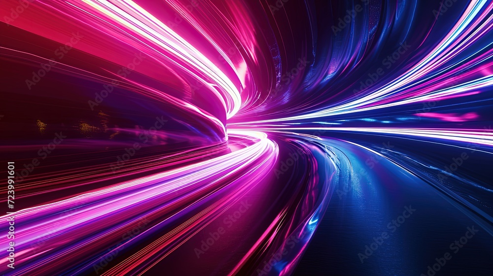 Poster abstract image of long exposure neon light trails creating a sense of high speed and motion in a dar