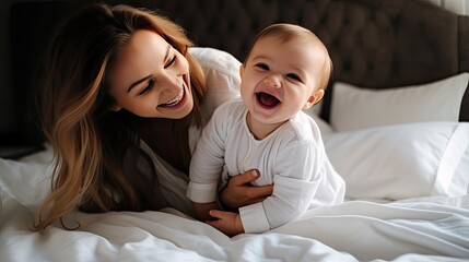Baby banner. Mother playing with cute baby on bed smiling and happy. 