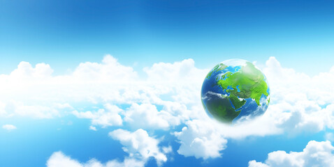 Naklejka premium The earth soaring in a clear blue sky with white clouds, depicting clean air and the environment, a green planet, dynamic and dramatic compositions with space to copy