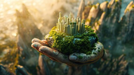 In a symbolic gesture of environmental stewardship, a hand cradles a tiny, eco-conscious city nestled on a patch of lush moss, backlit by the golden light of the setting sun. - obrazy, fototapety, plakaty